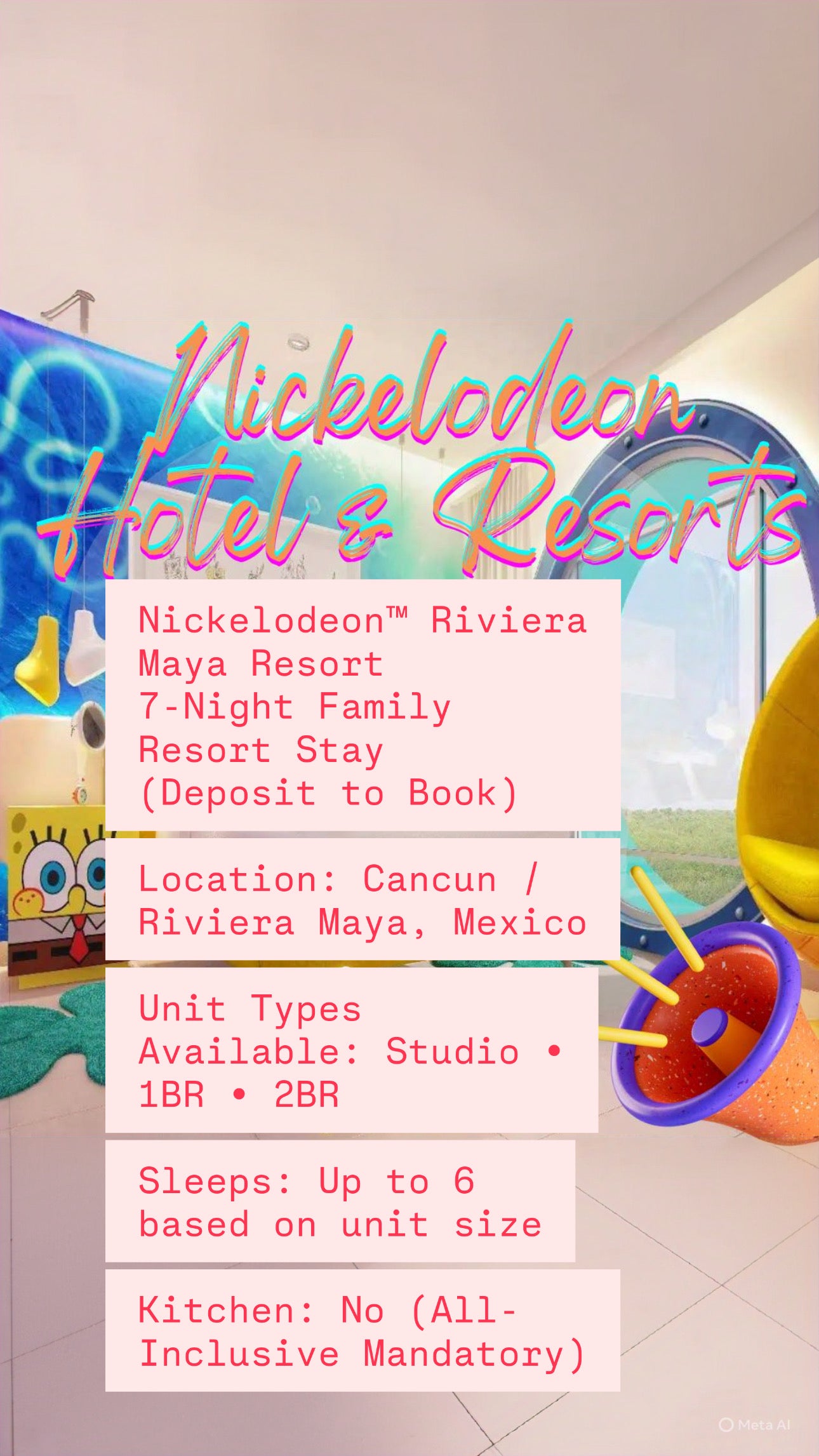 Nickelodeon™ Riviera Maya Resort 7-Night Family Resort Stay (Deposit to Book) Includes: Refundable concierge deposit, private 30-minute planning call to finalize availability, pricing, and travel details.