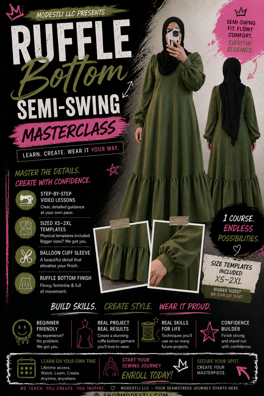 Ruffle Bottom Semi-Swing Sewing Masterclass Course | Sew a Modest Semi-Swing Dress + Balloon Cuff Sleeves + Ruffle Hem